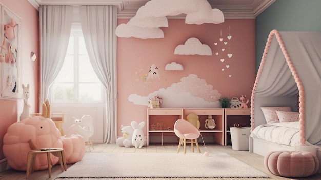 A child's room with a pink wall with clouds and a pink bed.