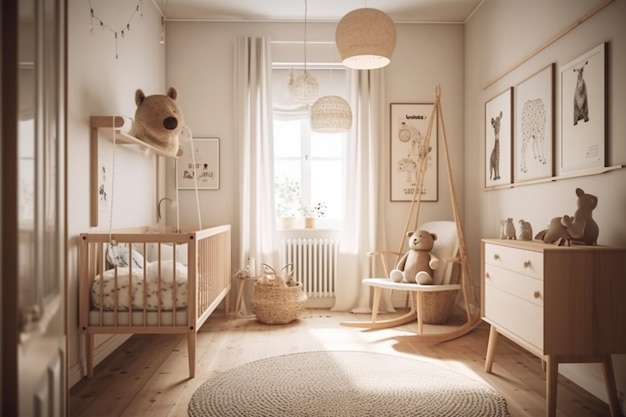 A child's room with a white crib and a wooden crib with a bear on the top.