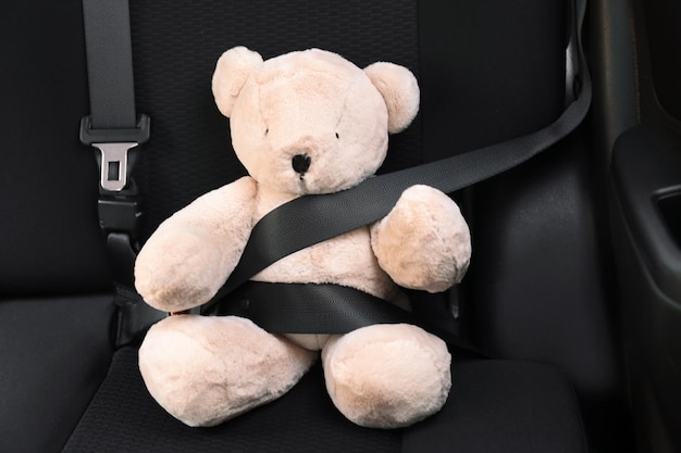 Child's toy bear buckled with safety belt on car backseat Prevention of danger