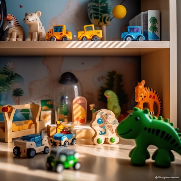 A child's toy room with a dinosaur on the shelf.