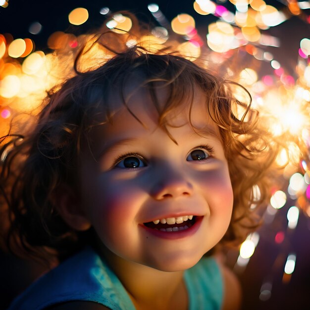 A child's wonderstruck face up close lit by the colorful glow of fireworks portraying innocent joy