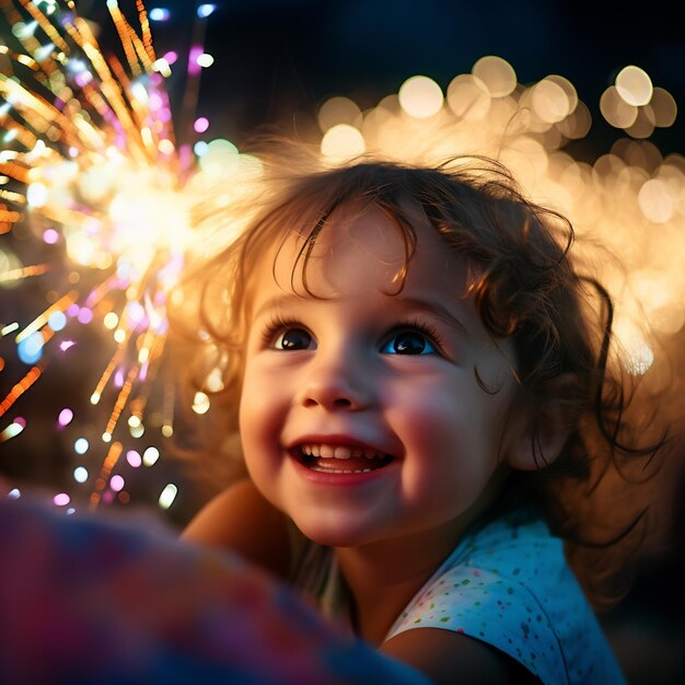 A child's wonderstruck face up close lit by the colorful glow of fireworks portraying innocent joy