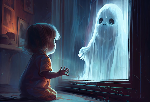 Premium AI Image | The child scaring to see the ghost digital art style ...