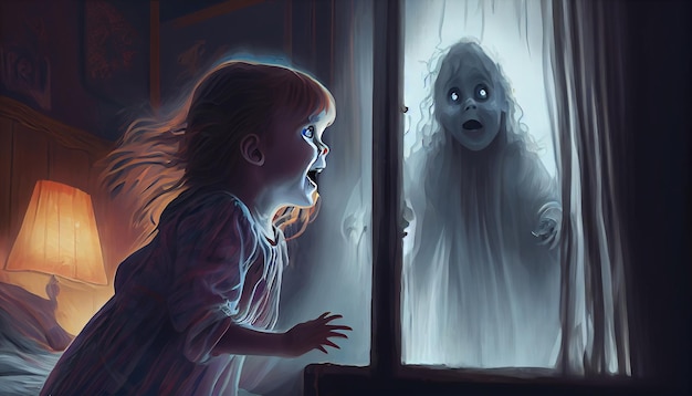 The child scaring to see the ghost digital art style illustration painting Generate Ai