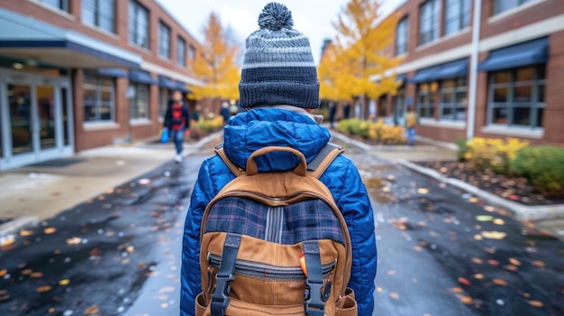 Child at school entrance during fall