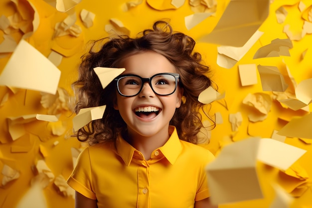 Child school girl breaking through yellow paper wall concept ai