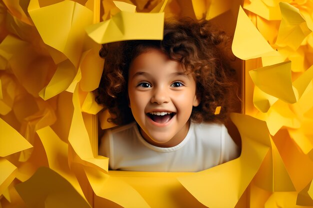 Child school girl breaking through yellow paper wall concept ai