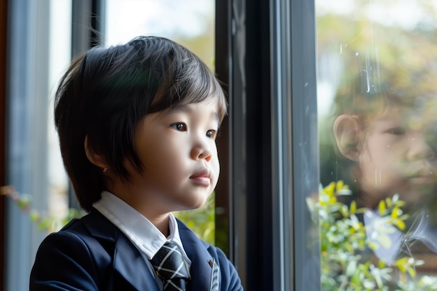 学校の制服を着た子供が窓の外を考えながら見ています