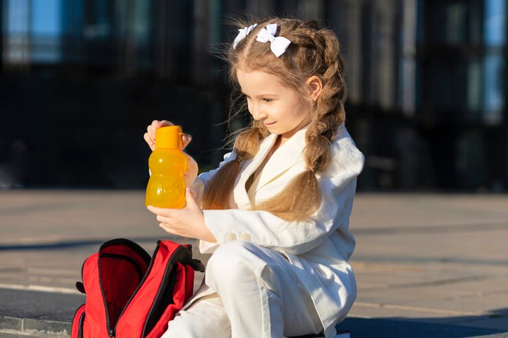 Child schoolgirl drink fresh water outdoors. little girl take out in schoolbag beverage between lessons on campus. back to school. kid healthy lifestyle.