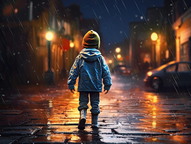 A child seen from behind while it's raining walking along a street