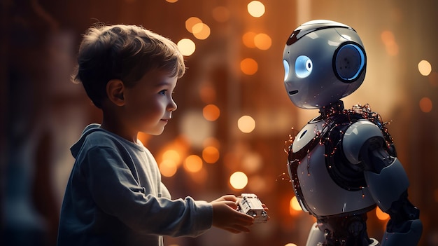 Child sharing toy with cute robot generative AI