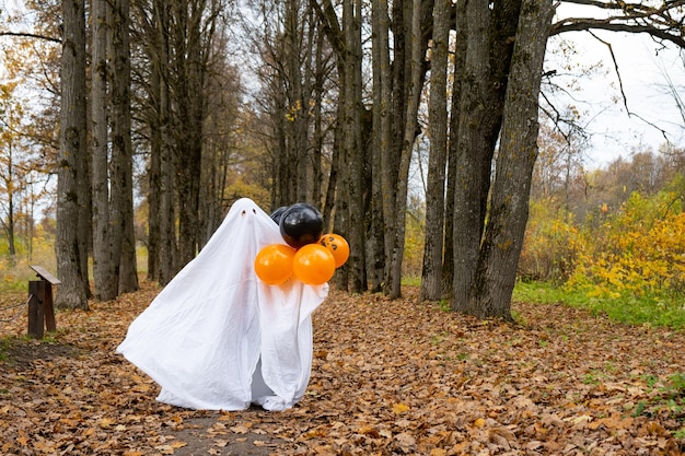 A child in sheets with cutout for eyes like a ghost costume in an autumn forest scares and terrifies A kind little funny ghost Halloween Party