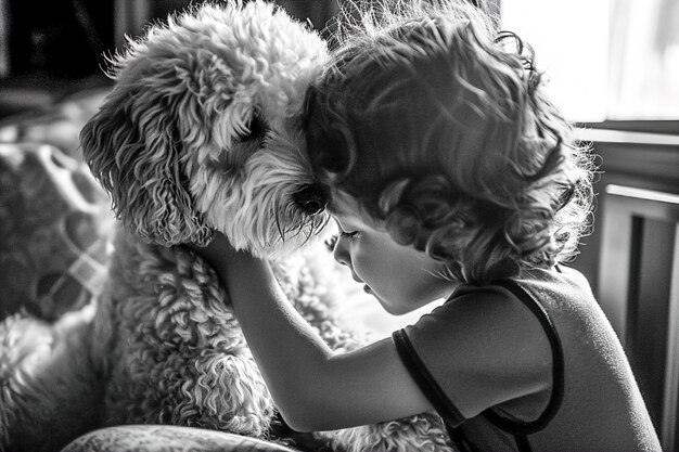 A child shows love to his dog in the nursery