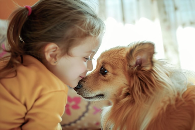 어린이실 에서 개 에게 사랑 을 표시 하는 아이