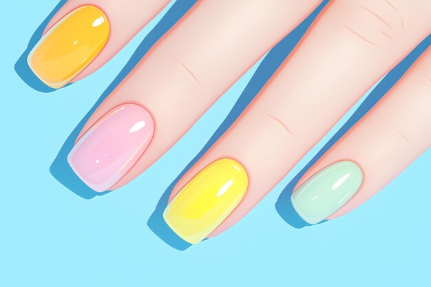 Child shows off painted nails on pastel background