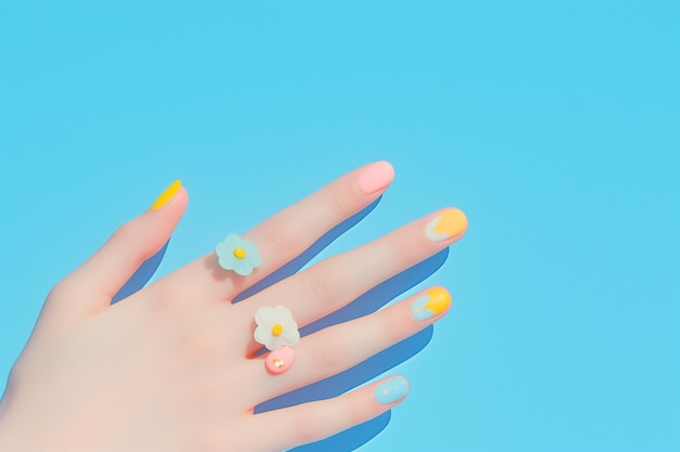 Child shows off painted nails on pastel background