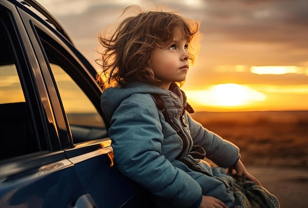 child on side of car at sunset travel dark green and navy