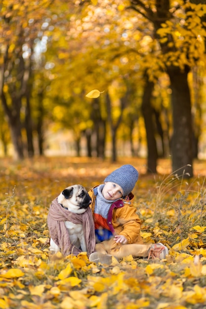 가을 공원에서 한 아이가 퍼그와 함께 낙엽에 앉아 있습니다. 어린 시절부터 친구.