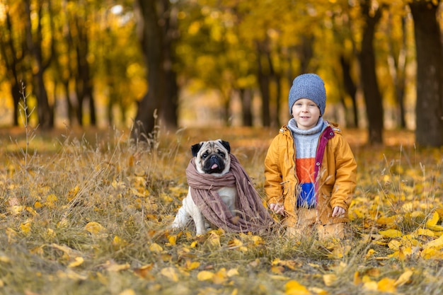 A child sit in fallen yellow leaves with a pug in the autumn park. Friends since childhood.