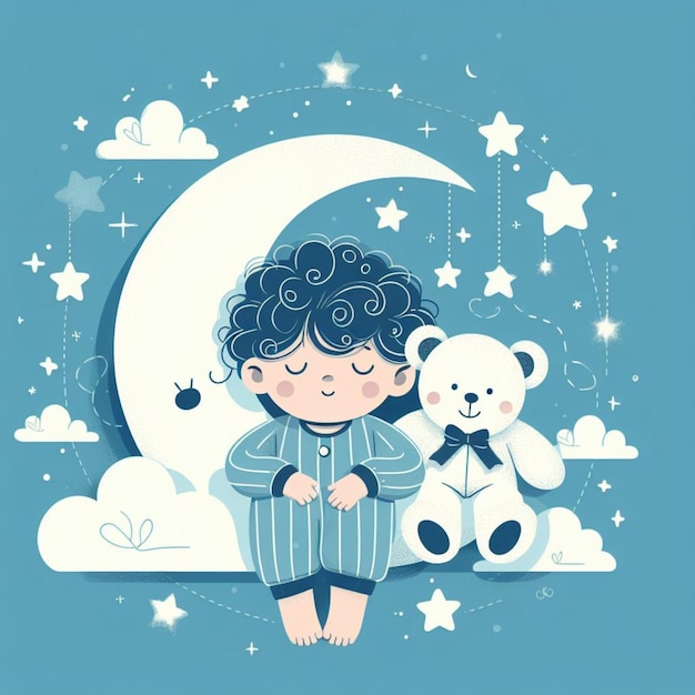 a child sits on a bench with a teddy bear and a moon in the background