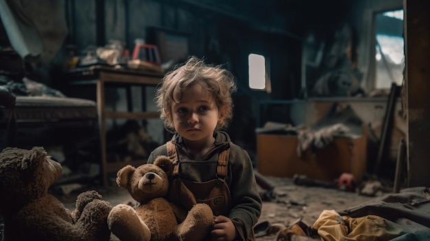A child sits in a dark room with a teddy bear on the floor.