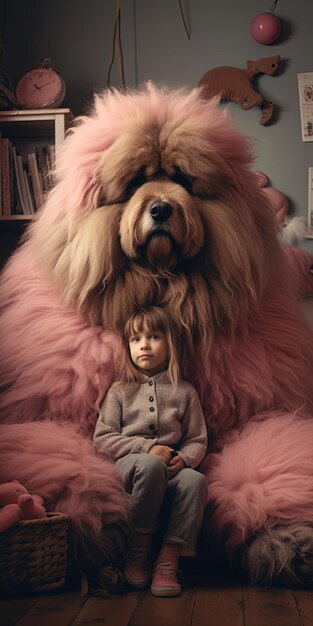 a child sits next to a dog with a child in a suit