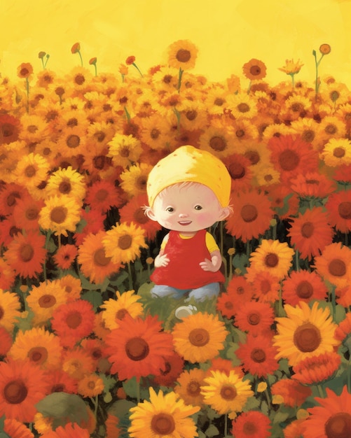 A child sits in a field of sunflowers.