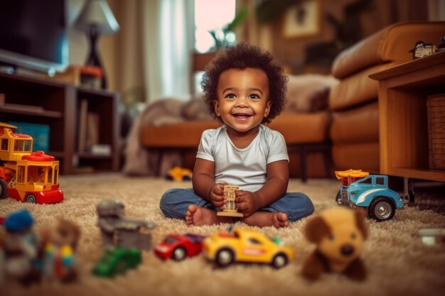 A child sits on a floor and playing