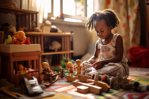 A child sits on a floor and playing