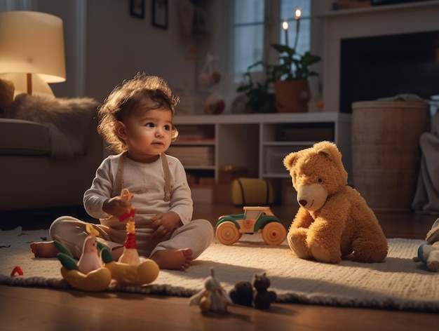 A child sits on the floor with a teddy bear and a teddy bear.