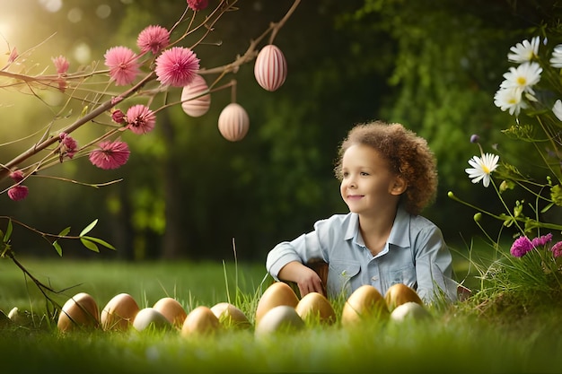 a child sits in the grass with eggs.