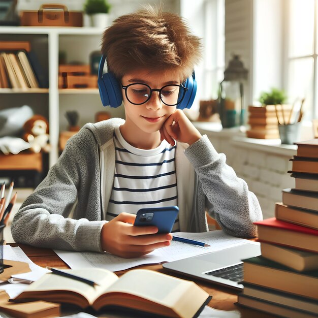 Photo child sits on the phone while doing homework a child plays on the phone