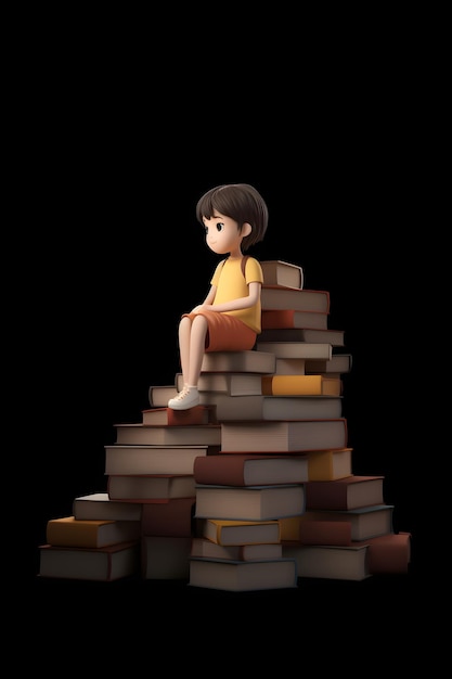 A child sits on a pile of books.