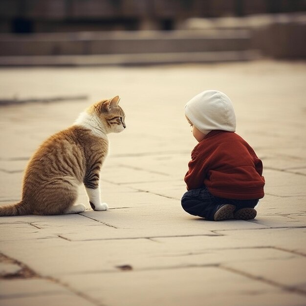 a child sits on a stone floor and looks at a cat.