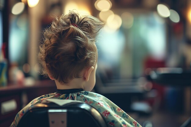 Child sitting in barber chair getting first haircut barbershop for children back view