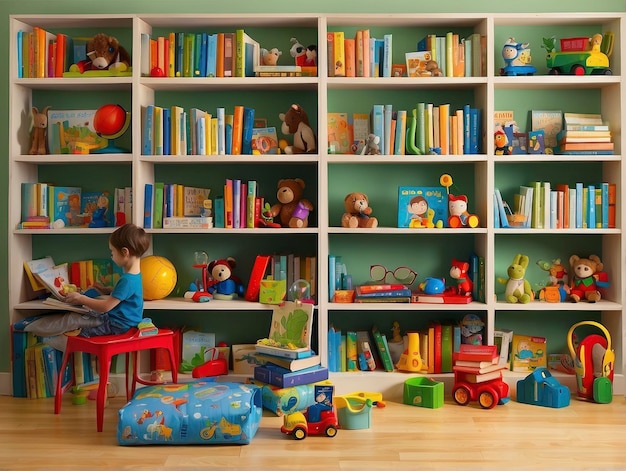 Photo a child sitting on a chair in front of a book shelf filled with books