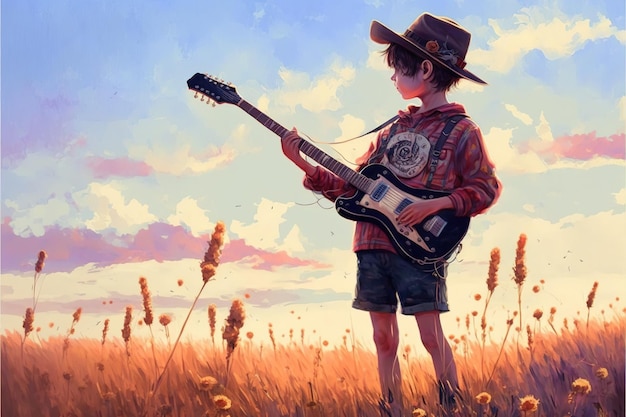 ギターを持って牧草地に座っている子供 牧草地でギターを弾き、美しい空を見ている少年 デジタルアートスタイルのイラスト絵画