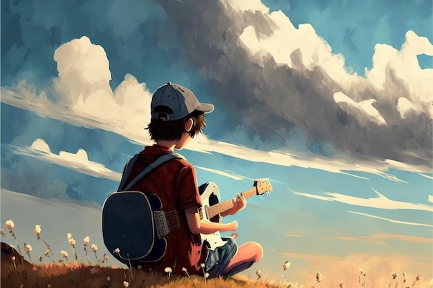 Ребенок сидит на лугу с гитарой Мальчик играет на гитаре на лугу и смотрит в красивое небо Иллюстрация в стиле цифрового искусства