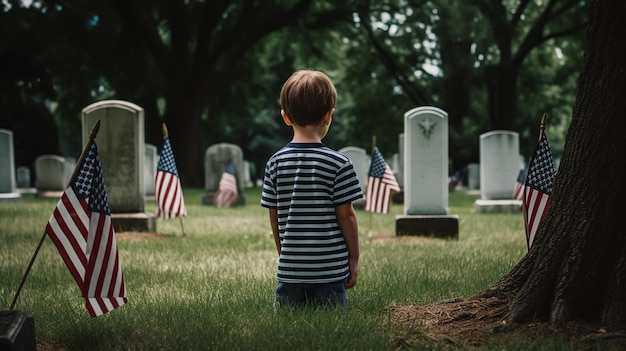 Child sitting near headstones with american flags