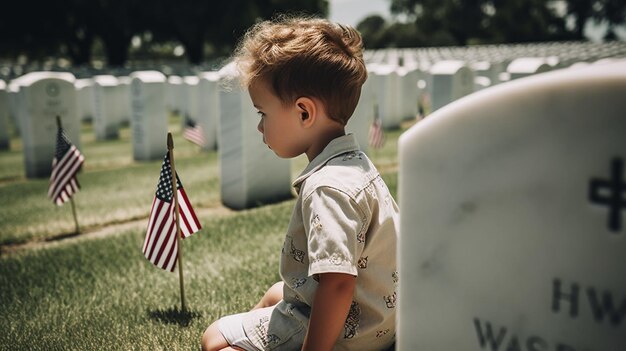 Photo child sitting near headstones with american flags