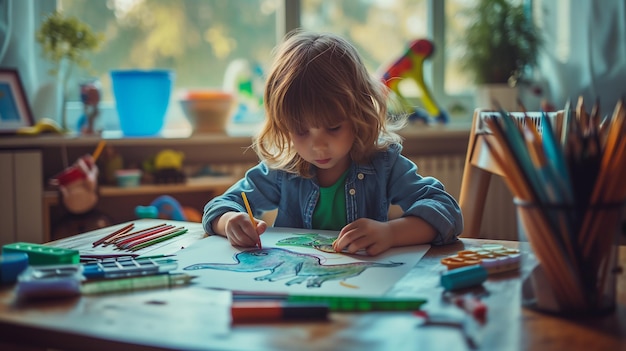 Foto un bambino seduto a un tavolo con forniture d'arte che disegna un dinosauro su carta