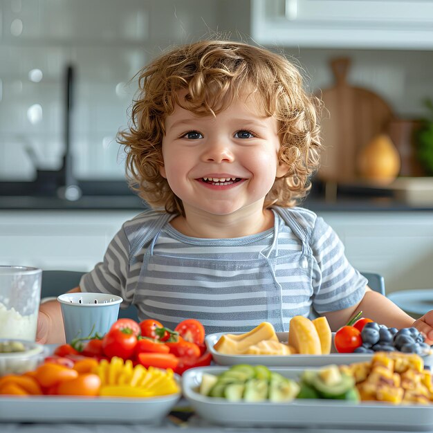 과일 과 채소 의 접시 가 있는 테이블 에 앉아 있는 아이