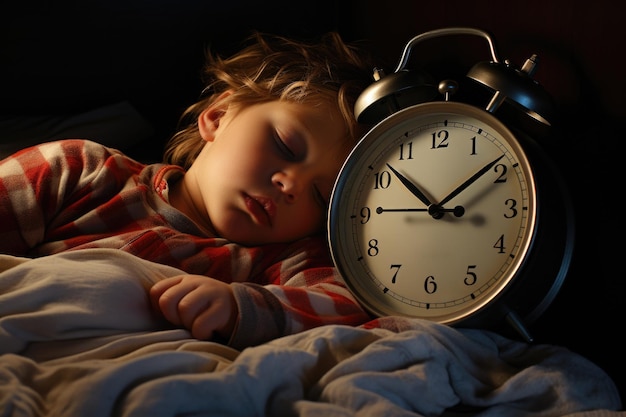 Child Sleeping Next to Alarm Clock