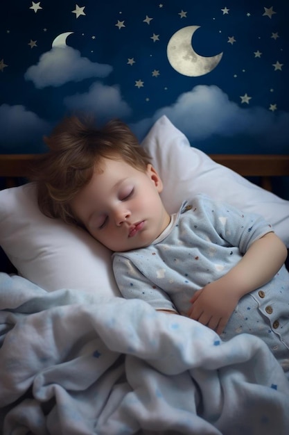 Photo a child sleeping in a bed with a moon and stars