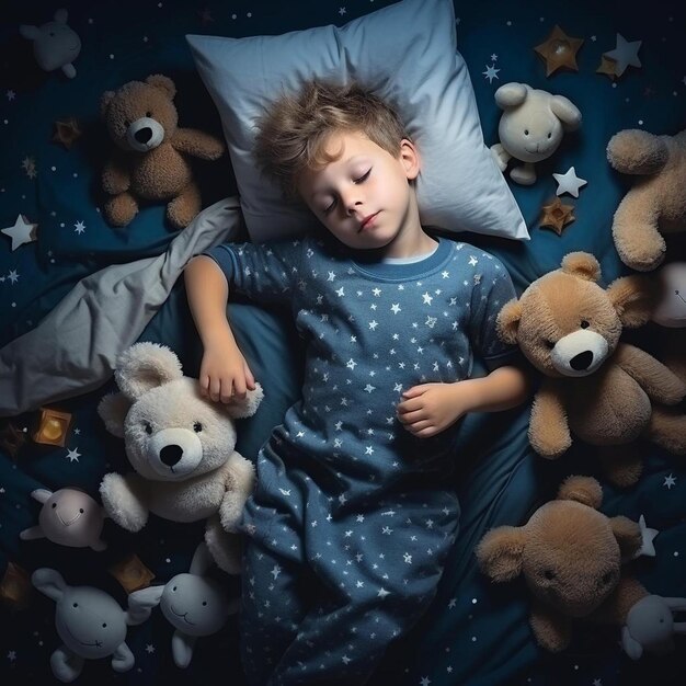 a child sleeping in a bed with teddy bears and a blue sheet with stars on it