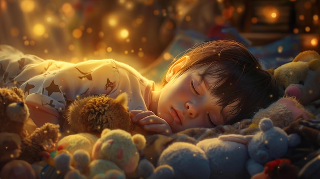 Photo a child sleeping with a stuffed animal in his hands