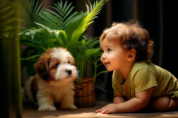 A child and a small puppy tries to hide behind a tiny plant