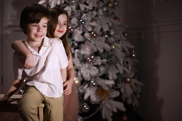 クリスマスツリーの前でおしゃれな服を着た子供 新年を待つ