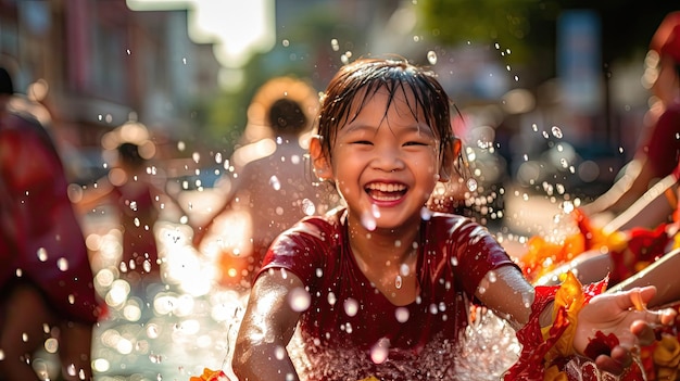 a child smiles as he rides a float with water splashing around her face.