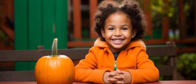 a child smiles next to a pumpkin that has a candle in it